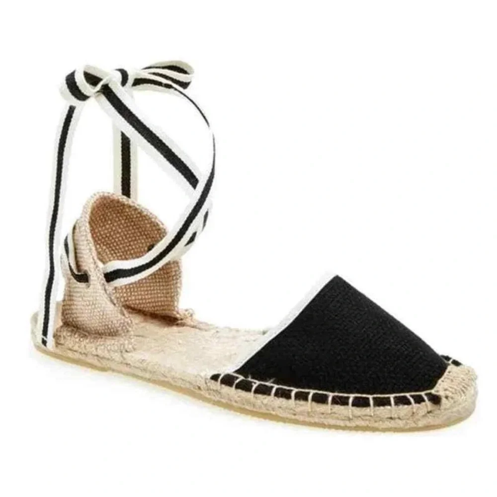 SOLUDOS Lauren Lace Up Espadrille Sandals Ankle Wrap Black Linen US 7.5 coastal